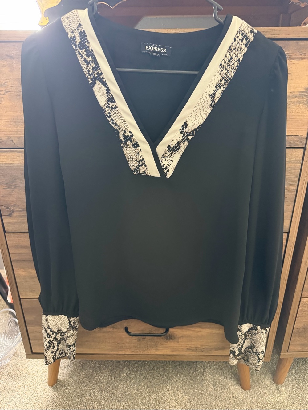 Express Black V-Neck Blouse with Snake-Print Trim